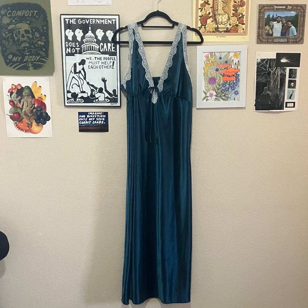 Wild Fable Teal Satin Top with Lace Detail